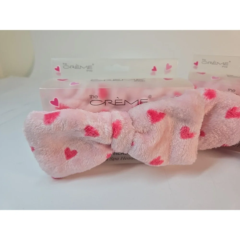 2 NEW The Crème Shop PLUSH SPA Teddy Headyband PINK HEARTS BOW Headband